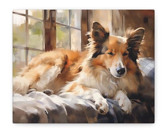 May include: A digital painting of a long-haired sable and white collie dog resting on a soft surface. The dog has pointed ears, a dark muzzle, and expressive eyes, positioned near a window with light streaming through the panes in the background.
