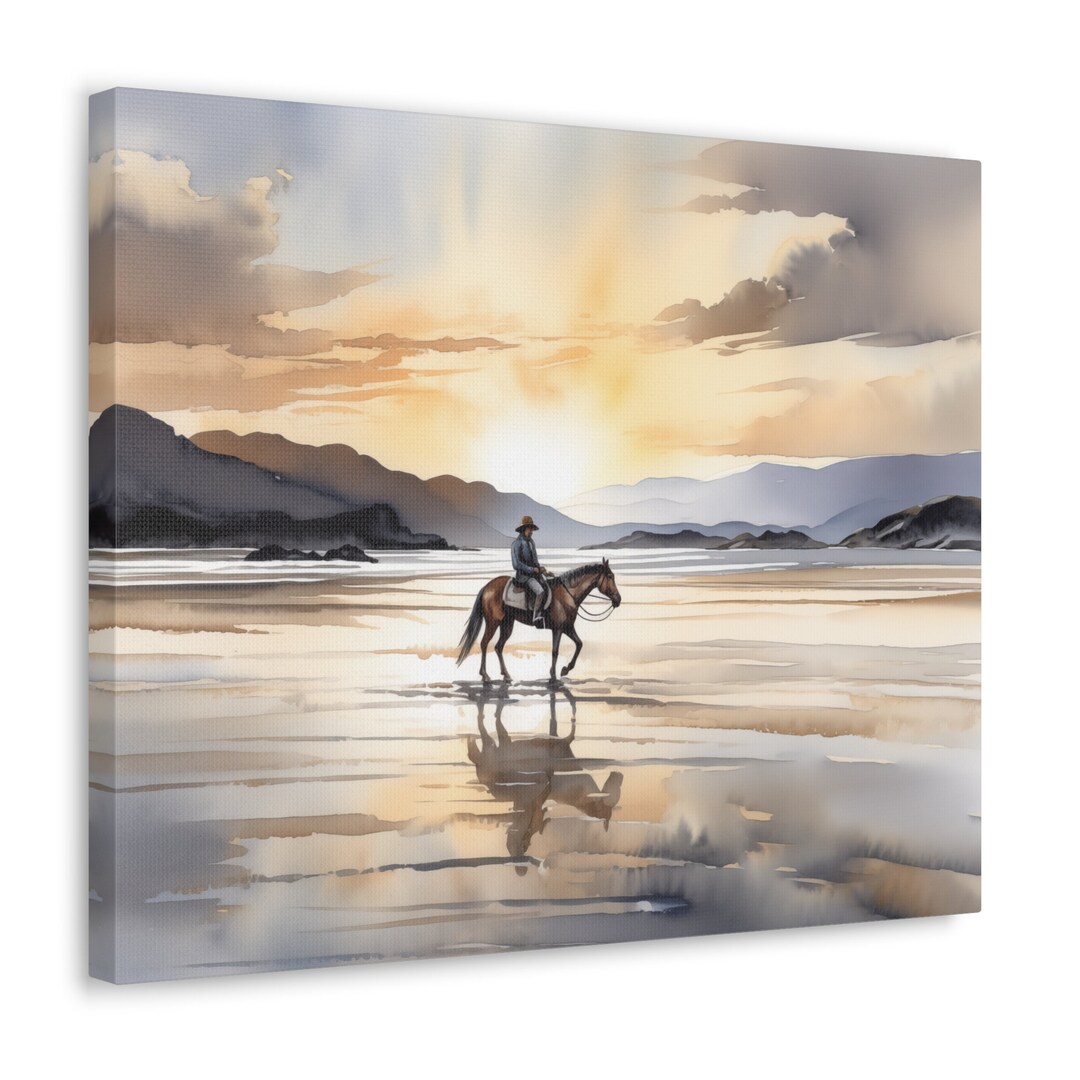 Horse and Rider on a Beach at Sunset, County Kerry, Ireland ...