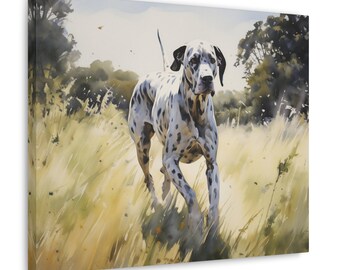 Great Dane Wall Art - Watercolor Printed on unframed Canvas - gift for Great Dane dog owner - Great Dane frolicking in a sunlit meadow