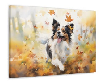 Papillon Watercolor Canvas Print - Dog Wall Art gift for Papillon owner - Papillon running joyfully through an autumnal landscape