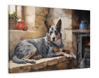 Australian Cattle Dog Watercolor Canvas Print - Wall Art gift for Aussie Dog owner - Aussie Dog resting in a rustic farmhouse setting