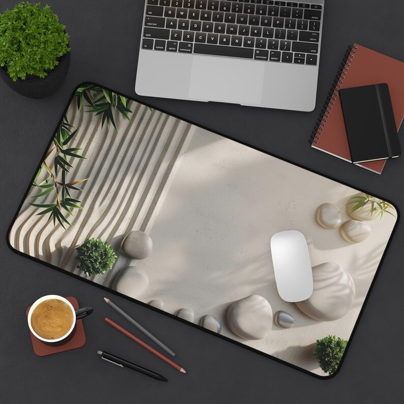 Sand Ripples Desk Tranquil Zen Desk Mat - Soft Ripples of Sand, Smooth Pebbles and ...