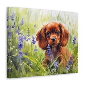 Ruby Cavalier King Charles Spaniel Wall Art - Watercolor Printed on unframed 20 x 16 inch Canvas - Ruby Cavalier Puppy sat amongst bluebells