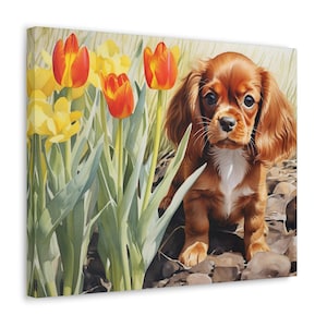 Ruby Cavalier King Charles Spaniel Puppy Wall Art - Watercolor Printed on unframed Canvas - Ruby Cavalier Puppy with Tulips