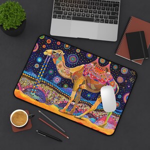 Colorful Dot Art Camel Desk Mat - a camel rendered in intricate kaleidoscopic dot art, a unusual colorful gift for camel lovers