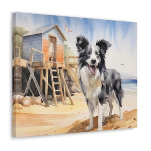 Border Collie Wasserfarben Druck auf Leinwand - Rahmenloses Geschenk für Border Collie Besitzer - Border Collie am Strand