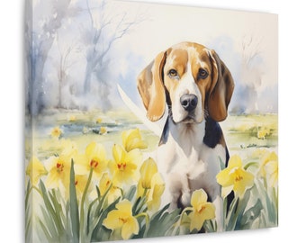 Arte de pared de Beagle - Acuarela impresa en lienzo sin marco de 20 x 16 pulgadas - regalo para el dueño de Beagle - Beagle en un parque con narcisos