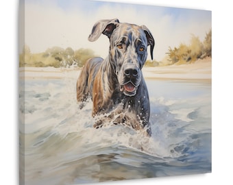 Great Dane Wall Art - Watercolor Printed on unframed Canvas - gift for Great Dane dog owner - Great Dane splashing in the surf at the beach