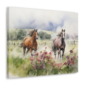 Chevaux en Provence aquarelle imprimée sur toile - art mural sans cadre cadeau pour amoureux des chevaux - chevaux sous la pluie printanière en Provence, France