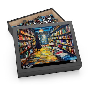 Woman in Bookshop Jigsaw Puzzle (120, 252, 500-Piece) - Illustration of a woman lost in the magic of a good book - Printed in USA
