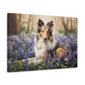 Shetland Sheepdog Watercolor Canvas Print - Wall Art gift for Shetland Sheepdog owner - Shetland Sheepdog amidst woodland bluebells