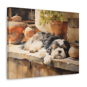 Shih Tzu Wall Art - Watercolor Printed on unframed Canvas - gift for Shih Tzu owner - Shih Tzu relaxing in old fashioned kitchen