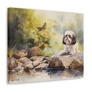 Shih Tzu Wall Art - Watercolor Printed on unframed Canvas - gift for Shih Tzu owner - Shih Tzu sitting beside a stream