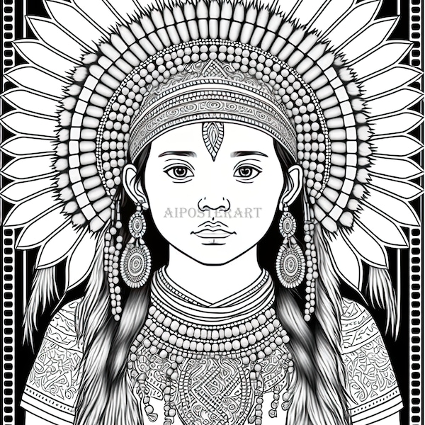 Indigenous American Coloring Download - Girl, Native American Headdress Download - Printable Native American Coloring Page - Coloring Sheet