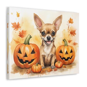 Chihuahua Watercolor Printed Canvas - Frameless Wall Art gift for Chihuahua owner, happy chihuahua sitting amongst Halloween pumpkins