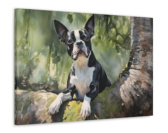Boston Terrier Watercolor Canvas Print - Wall Art gift for Boston Terrier owner - Boston Terrier relaxing beneath a majestic tree