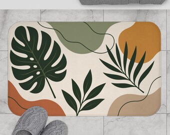 Botanical Abstract Bath Mat - Earthy Modern Leaf Design Non-Slip Floor Mat