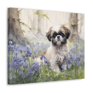 Shih Tzu Wall Art - Watercolor Printed on unframed Canvas - gift for Shih Tzu owner - Shih Tzu amid a sea of many bluebells