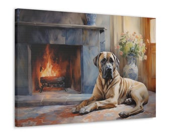 Mastiff Watercolor Printed Canvas - Frameless Wall Art gift for Mastiff owner - Mastiff resting by a cozy, crackling fireplace
