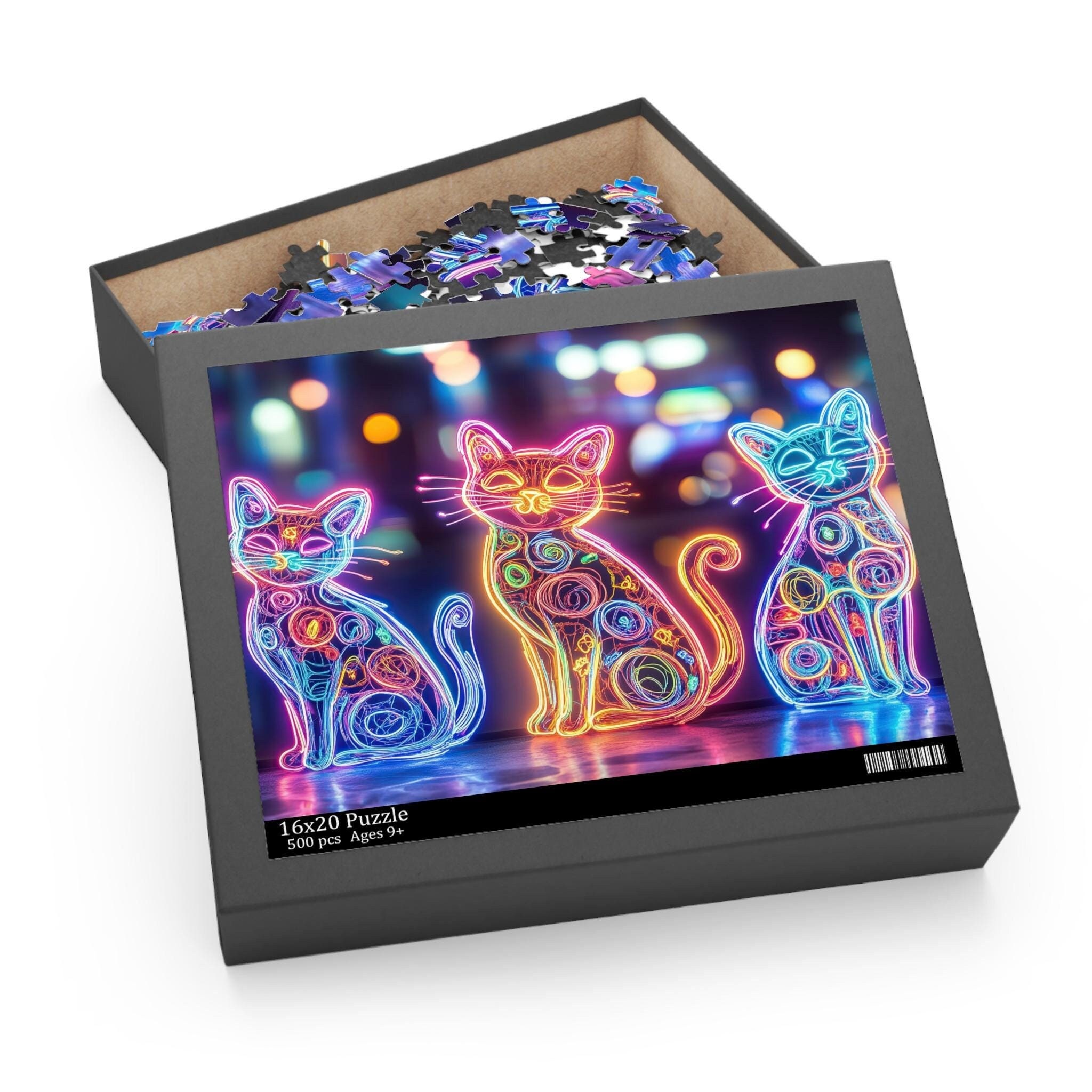 Neon Cats Jigsaw Puzzle (120, 252, 500-Piece) -  three dazzling neon-lit cats against a dynamic city background - Printed in USA