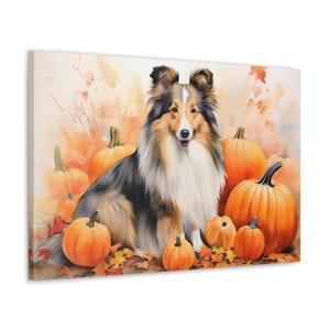 Shetland Sheepdog Watercolor Canvas Print - Wall Art gift for Shetland Sheepdog owner - Shetland Sheepdog sitting among pumpkins