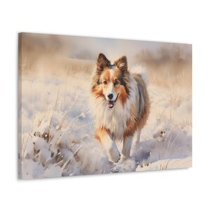 Shetland Sheepdog Watercolor Canvas Print - Wall Art gift for Shetland Sheepdog owner - Shetland Sheepdog enjoying a snowy Winter walk
