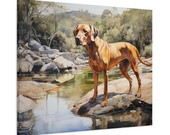 Rhodesian Ridgeback Watercolor Canvas Print - Wall Art gift for Rhodesian Ridgeback owner - Rhodesian Ridgeback by a tranquil stream