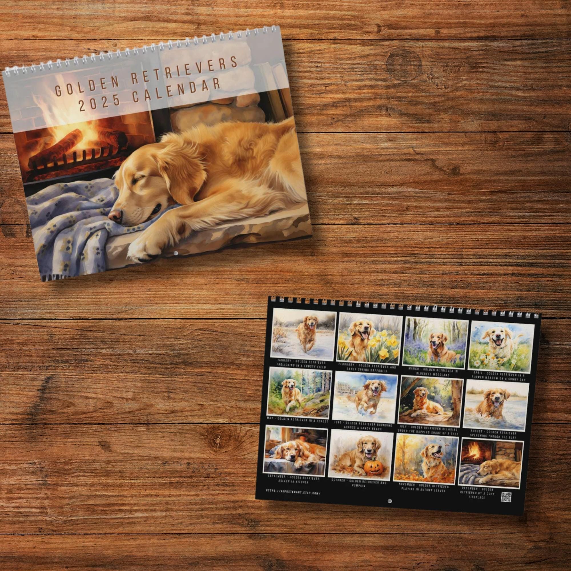 Golden Retrievers Wall Calendar (2025) - 2025 Dog Calendar, 12 watercolor artworks of Golden Retrievers, gift for Golden Retriever owners