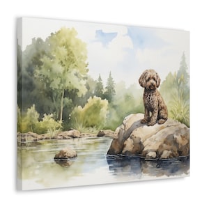 Poodle Wall Art - Watercolor Printed on unframed Canvas - gift for Poodle owner - Poodle sitting beside a stream