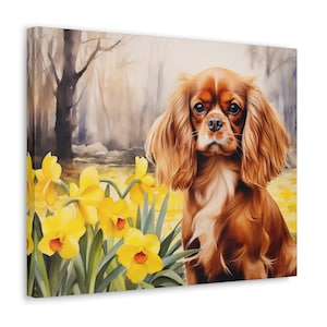 Ruby Cavalier King Charles Spaniel Puppy Wall Art - Watercolor Printed on unframed 20 x 16 inch Canvas - Ruby Cavalier Puppy with Daffodils