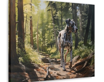 Great Dane Wall Art - Watercolor Printed on unframed Canvas - gift for Great Dane dog owner - Great Dane exploring sun-dappled woods