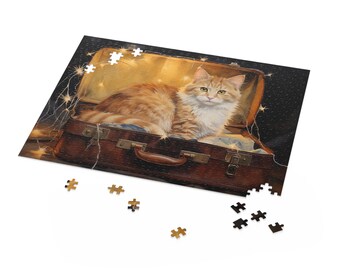 Ginger and White Cat Jigsaw Puzzle (120, 252, 500-Piece) - watercolor of Ginger Tabby Cat inside an open vintage suitcase - Printed in USA