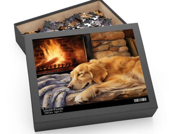 Golden Retriever Jigsaw Puzzle (120, 252, 500-Piece) - Golden Retriever sleeping by cozy fireplace - Printed in USA