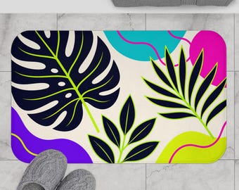 Neon Tropical Bath Mat - Non-Slip Retro 80s Botanical Bathroom Rug