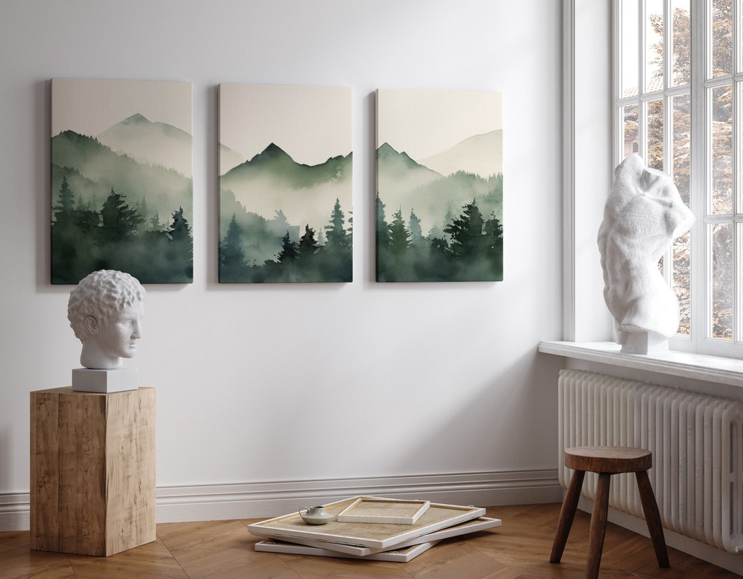Misty Green Mountain Landscape Art - Set of 3 Printed Canvas Wraps ...