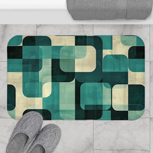 Mid-Century Modern Bath Mat - non-slip bath mat featuring rounded squares and rectangles in teal, emerald, and cream - Printed in USA