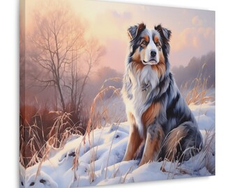 Australian Shepherd Wall Art - Watercolor Printed on unframed Canvas - gift for Australian Shepherd owner - Aussie Shepherd in frosty field