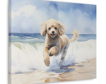 Pudel Gedruckt Leinwand - Aquarell Stil Kunstwerk eines Pudels an einem leeren Strand