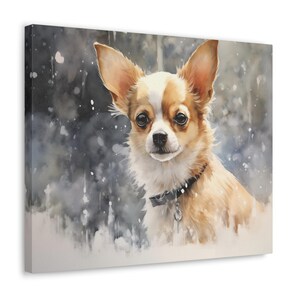 Chihuahua Watercolor Printed Canvas - Frameless Wall Art gift for Chihuahua owner, Chihuahua sitting with falling snow all around