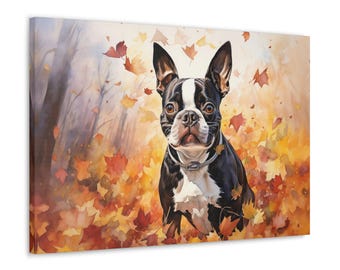 Boston Terrier Watercolor Canvas Print - Wall Art gift for Boston Terrier owner - Boston Terrier surrounded by vibrant autumn leaves
