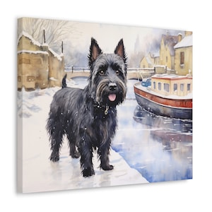 Kunst aan de muur Schotse terriër - aquarel gedrukt op ingelijst canvas - cadeau eigenaar Schotse terriër - Schotse terriër aan besneeuwde gracht