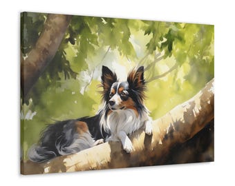 Papillon Watercolor Printed Canvas - Wall Art gift for Papillon owner - Papillon resting gracefully on a tree branch