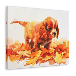 Ruby Cavalier King Charles Spaniel Wall Art - Watercolor Printed on unframed 20 x 16 inch Canvas - Ruby Cavalier amongst fall leaves