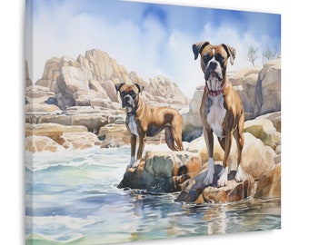 Arte de pared de boxeador: acuarela impresa en lienzo sin marco de 20 x 16 pulgadas: regalo para el dueño de un boxeador: boxeadores en el borde de una piscina de rocas