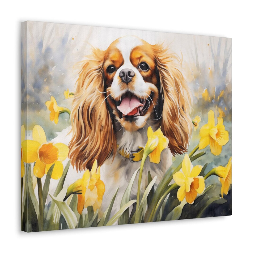 Blenheim Cavalier King Charles Spaniel Printed Canvas - Dog & Daffodils ...