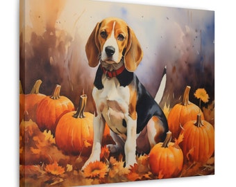 Arte de pared de Beagle - Acuarela impresa en lienzo sin marco de 20 x 16 pulgadas - regalo para el dueño de Beagle - Beagle entre calabazas