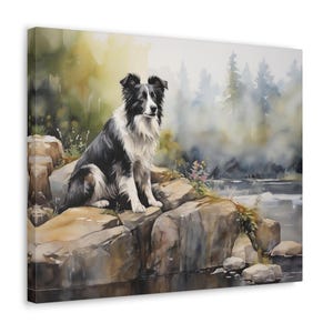Border Collie Aquarell Drucke Leinwand - Rahmenloses Wand Kunst Geschenk für Border Collie Besitzer - Border Collie sitzt am Fluss