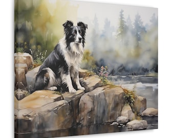 Bordercollie aquarel gedrukt canvas - frameloze muurkunst cadeau voor eigenaar border collie - border collie zat bij een rivier