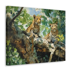 Leopards Watercolor Printed on Canvas - unframed Wall Art gift for wildlife lover - Leopards resting in the dappled shade