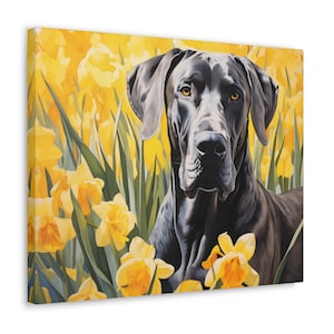 Great Dane Wall Art - Watercolor Printed on Frameless Canvas - gift for Great Dane owner - Great Dane amidst blooming daffodils